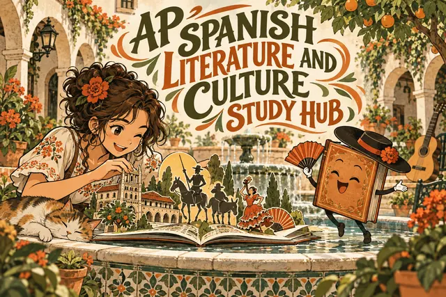 AP SPANISH LITERATURE AND CULTURE STUDY HUB — original handwritten comic illustration.