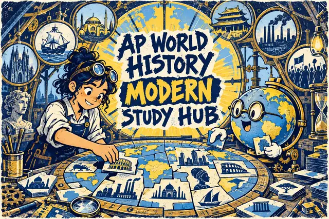 AP WORLD HISTORY MODERN STUDY HUB — original handwritten comic illustration.