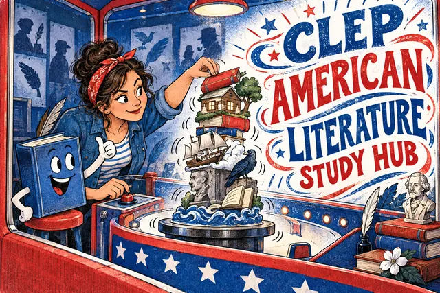 CLEP AMERICAN LITERATURE STUDY HUB — original handwritten comic illustration.