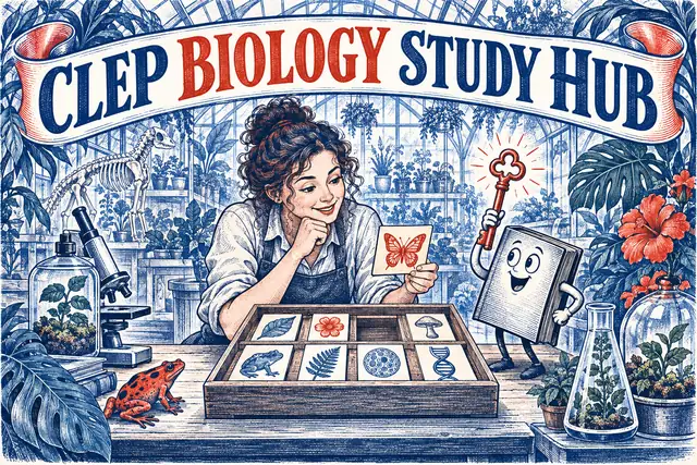 CLEP BIOLOGY STUDY HUB — original handwritten comic illustration.