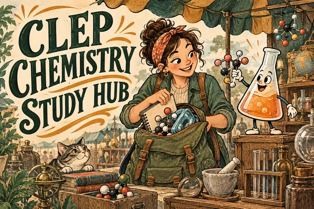 CLEP CHEMISTRY STUDY HUB — original handwritten comic illustration.