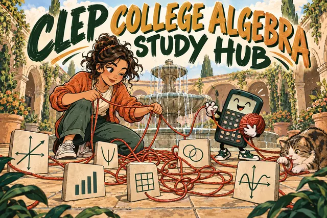 CLEP COLLEGE ALGEBRA STUDY HUB — original handwritten comic illustration.