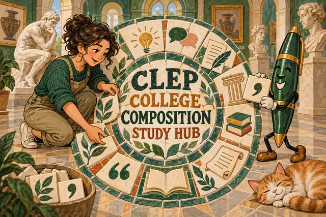 CLEP COLLEGE COMPOSITION STUDY HUB — original handwritten comic illustration.