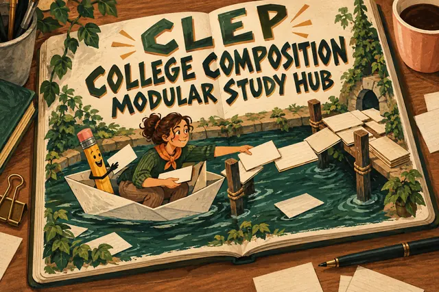 CLEP COLLEGE COMPOSITION MODULAR STUDY HUB — original handwritten comic illustration.