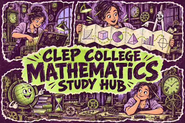 CLEP COLLEGE MATHEMATICS STUDY HUB — original handwritten comic illustration.