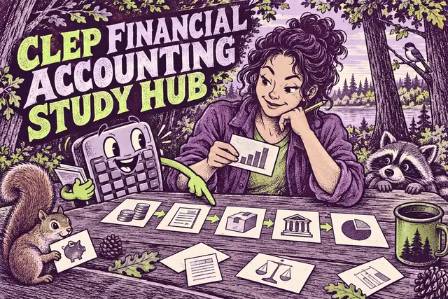 CLEP FINANCIAL ACCOUNTING STUDY HUB — original handwritten comic illustration.