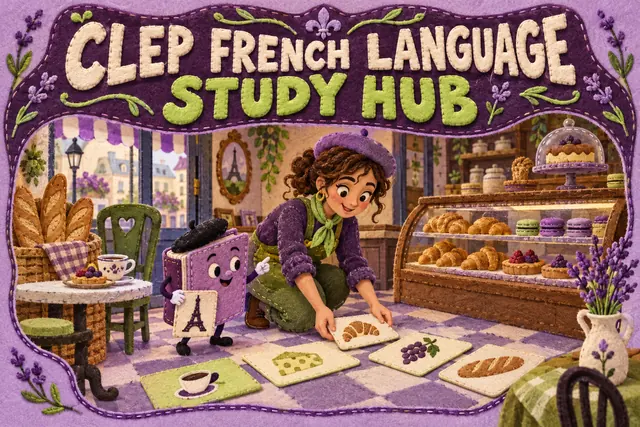 CLEP FRENCH LANGUAGE STUDY HUB — original handwritten comic illustration.