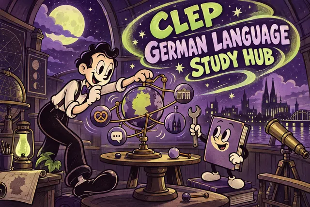 CLEP GERMAN LANGUAGE STUDY HUB — original handwritten comic illustration.