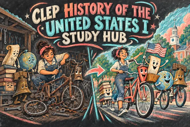 CLEP HISTORY OF THE UNITED STATES I STUDY HUB — original handwritten comic illustration.