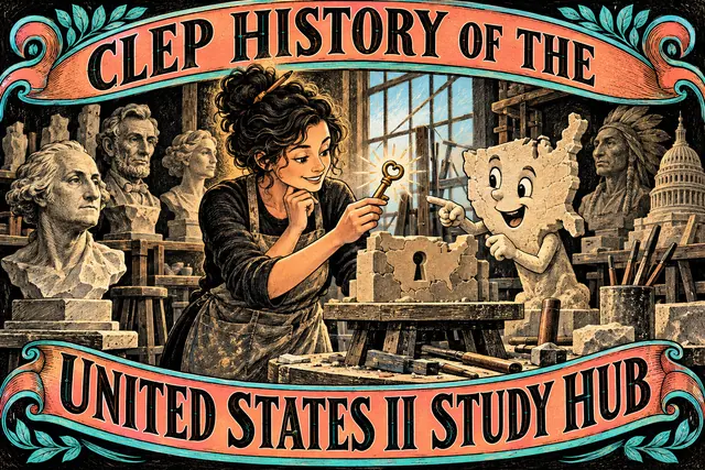 CLEP HISTORY OF THE UNITED STATES II STUDY HUB — original handwritten comic illustration.