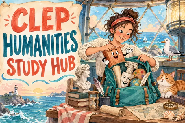 CLEP HUMANITIES STUDY HUB — original handwritten comic illustration.