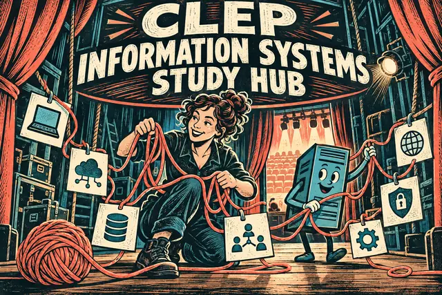 CLEP INFORMATION SYSTEMS STUDY HUB — original handwritten comic illustration.