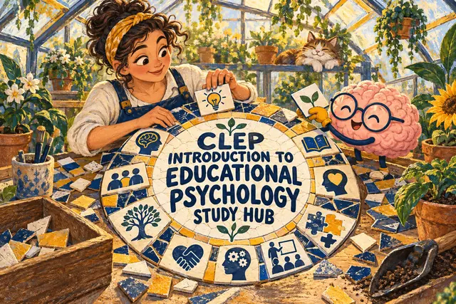 CLEP INTRODUCTION TO EDUCATIONAL PSYCHOLOGY STUDY HUB — original handwritten comic illustration.