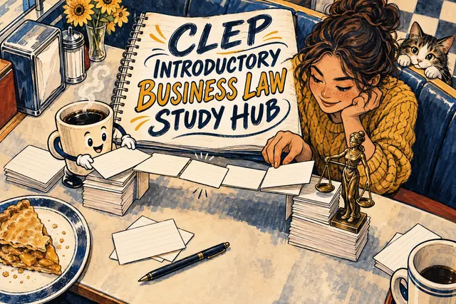 CLEP INTRODUCTORY BUSINESS LAW STUDY HUB — original handwritten comic illustration.
