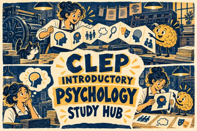 CLEP INTRODUCTORY PSYCHOLOGY STUDY HUB — original handwritten comic illustration.