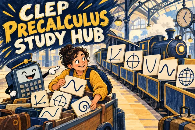 CLEP PRECALCULUS STUDY HUB — original handwritten comic illustration.