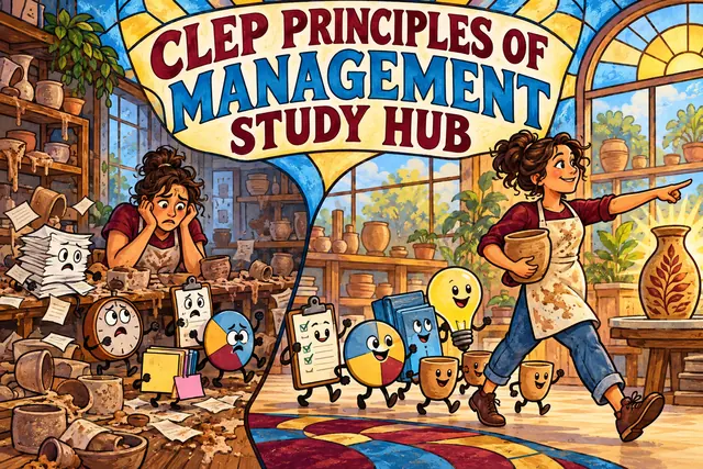 CLEP PRINCIPLES OF MANAGEMENT STUDY HUB — original handwritten comic illustration.
