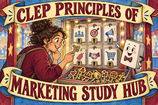 CLEP PRINCIPLES OF MARKETING STUDY HUB — original handwritten comic illustration.