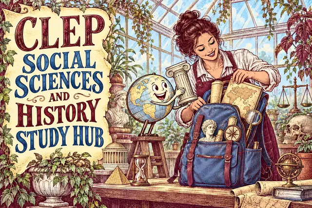 CLEP SOCIAL SCIENCES AND HISTORY STUDY HUB — original handwritten comic illustration.