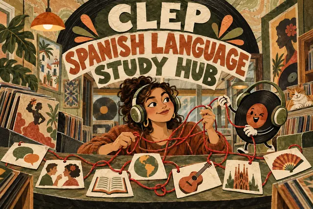 CLEP SPANISH LANGUAGE STUDY HUB — original handwritten comic illustration.