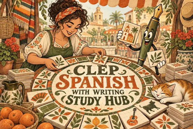 CLEP SPANISH WITH WRITING STUDY HUB — original handwritten comic illustration.