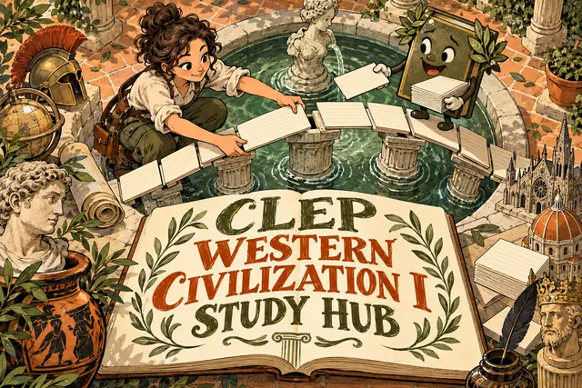 CLEP WESTERN CIVILIZATION I STUDY HUB — original handwritten comic illustration.