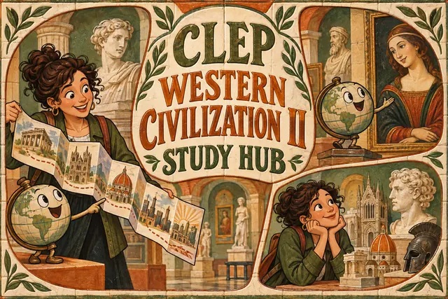 CLEP WESTERN CIVILIZATION II STUDY HUB — original handwritten comic illustration.