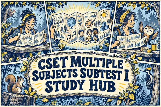CSET MULTIPLE SUBJECTS SUBTEST I STUDY HUB — original handwritten comic illustration.