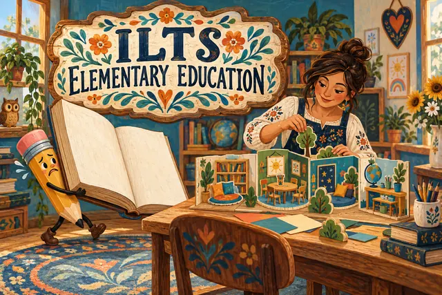 ILTS ELEMENTARY EDUCATION — original handwritten comic illustration.