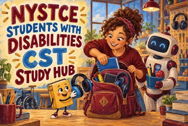 NYSTCE STUDENTS WITH DISABILITIES CST STUDY HUB — original handwritten comic illustration.