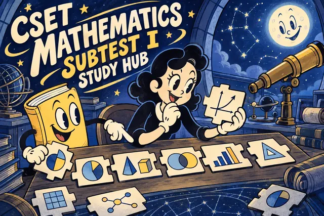 CSET MATHEMATICS SUBTEST I STUDY HUB — original handwritten comic illustration.
