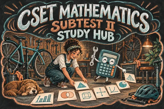 CSET MATHEMATICS SUBTEST II STUDY HUB — original handwritten comic illustration.