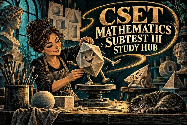 CSET MATHEMATICS SUBTEST III STUDY HUB — original handwritten comic illustration.