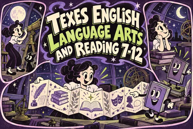 TEXES ENGLISH LANGUAGE ARTS AND READING 7-12 — original handwritten comic illustration.