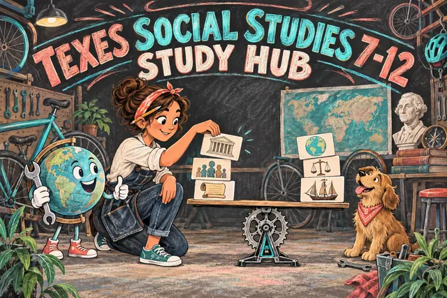 TEXES SOCIAL STUDIES 7-12 STUDY HUB — original handwritten comic illustration.