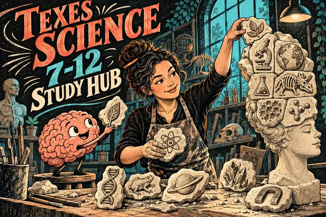 TEXES SCIENCE 7-12 STUDY HUB — original handwritten comic illustration.