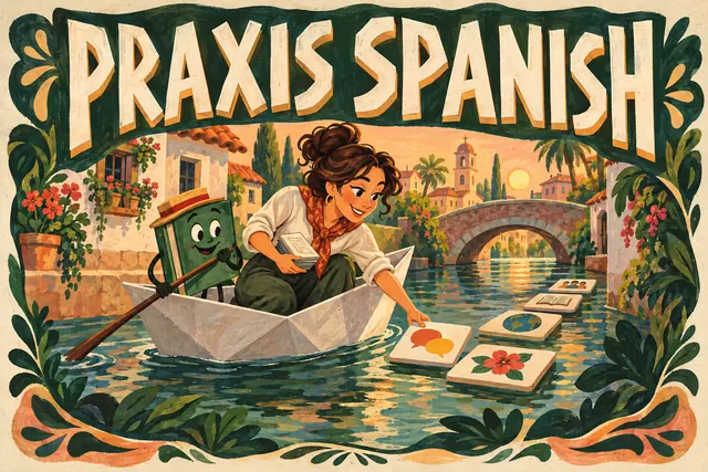 PRAXIS SPANISH — original handwritten comic illustration.