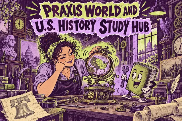 PRAXIS WORLD AND U.S. HISTORY STUDY HUB — original handwritten comic illustration.