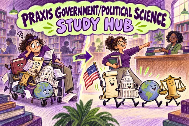 PRAXIS GOVERNMENT/POLITICAL SCIENCE STUDY HUB — original handwritten comic illustration.