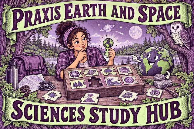 PRAXIS EARTH AND SPACE SCIENCES STUDY HUB — original handwritten comic illustration.