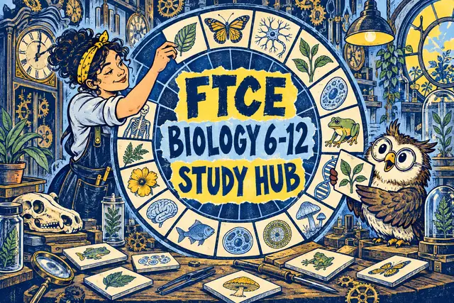FTCE BIOLOGY 6-12 STUDY HUB — original handwritten comic illustration.