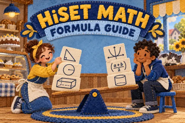 HiSET MATH FORMULA GUIDE — original handwritten comic illustration.