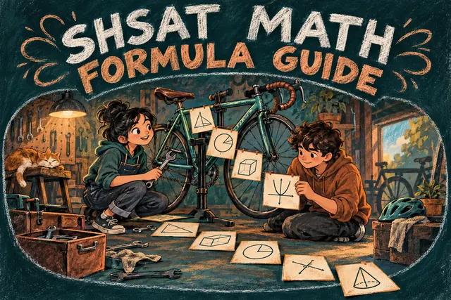 SHSAT MATH FORMULA GUIDE — original handwritten comic illustration.