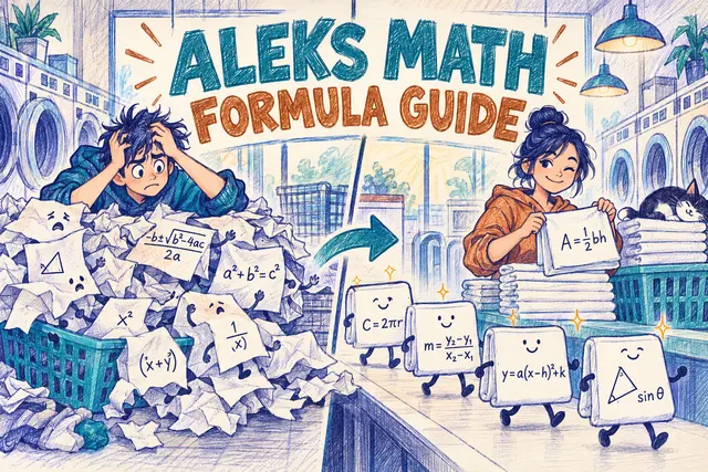 ALEKS MATH FORMULA GUIDE — original handwritten comic illustration.
