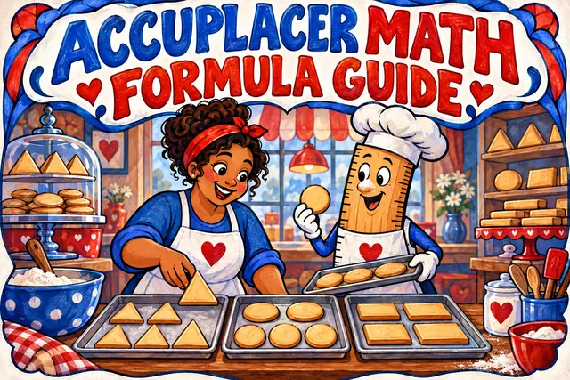 ACCUPLACER MATH FORMULA GUIDE — original handwritten comic illustration.