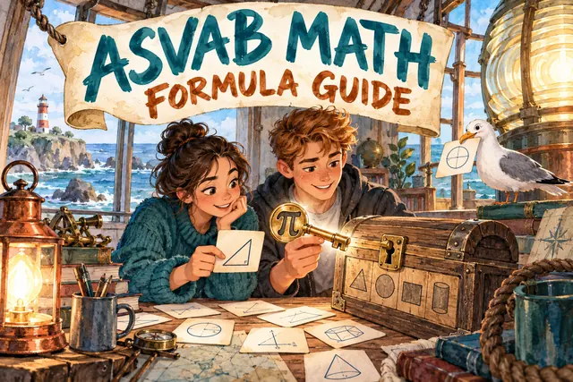 ASVAB MATH FORMULA GUIDE — original handwritten comic illustration.