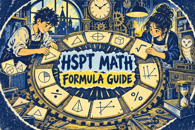 HSPT MATH FORMULA GUIDE — original handwritten comic illustration.