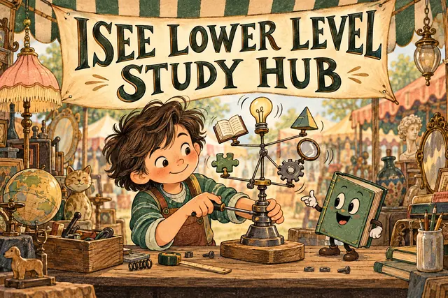 ISEE LOWER LEVEL STUDY HUB — original handwritten comic illustration.