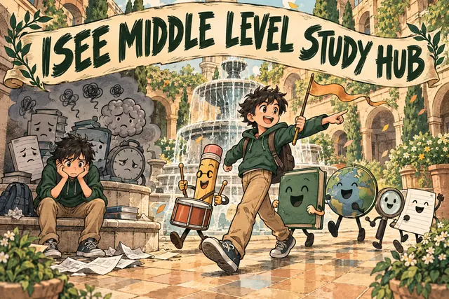 ISEE MIDDLE LEVEL STUDY HUB — original handwritten comic illustration.