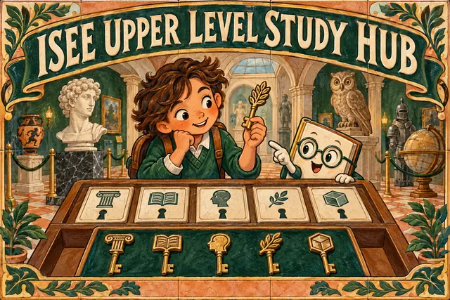 ISEE UPPER LEVEL STUDY HUB — original handwritten comic illustration.